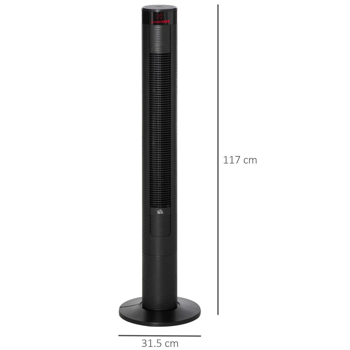 Black 46-inch tower fan standing with circular base and top control panel