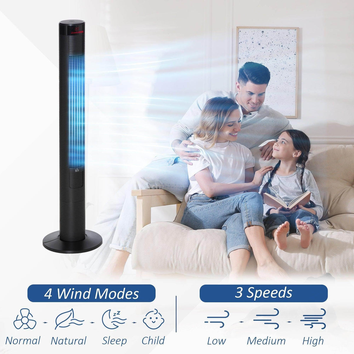 Tower fan blowing cool air toward a family on a couch in a bright living room