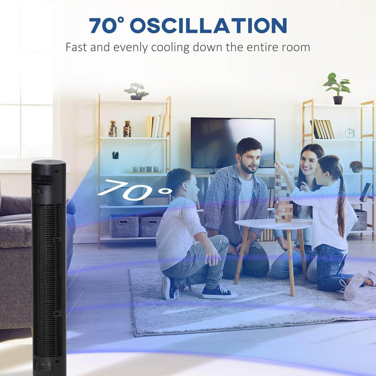 Tall tower fan with illuminated airflow effect in a room with people indoors