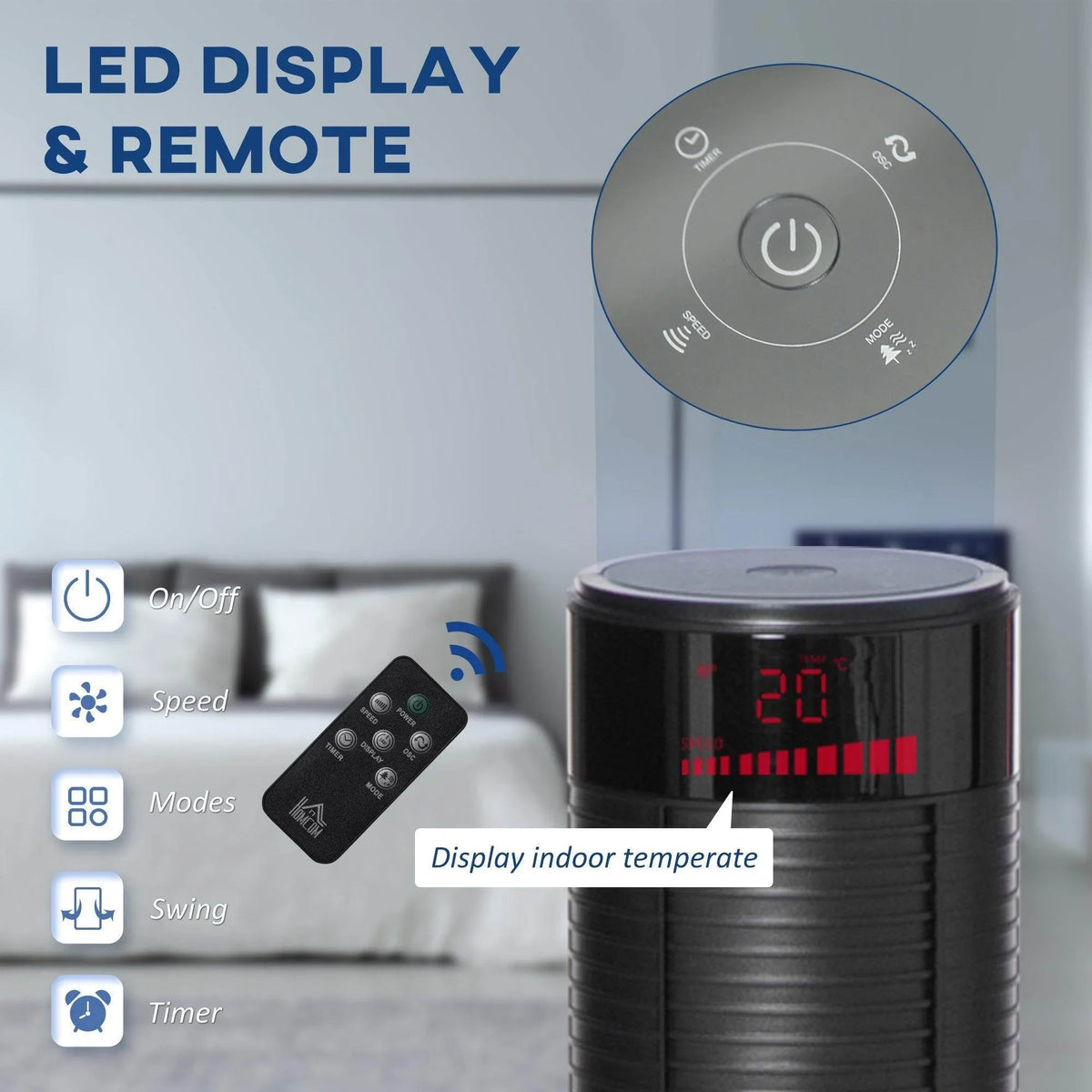 Black tower fan with LED temperature display and matching remote control