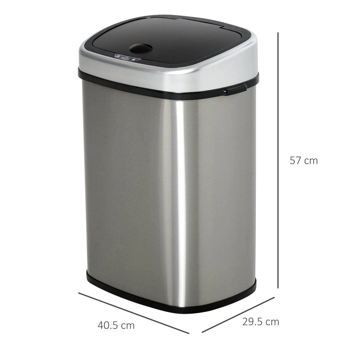 Stainless steel waste bin with black top lid closed and glossy touchless sensor panel