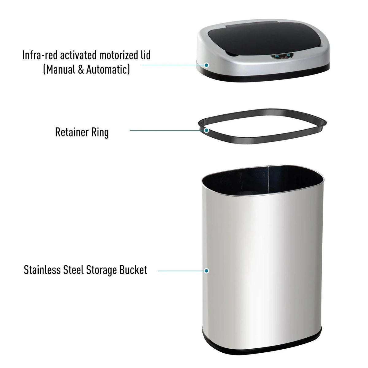 Stainless steel waste bin with motorized black lid, retaining ring, and interior bucket