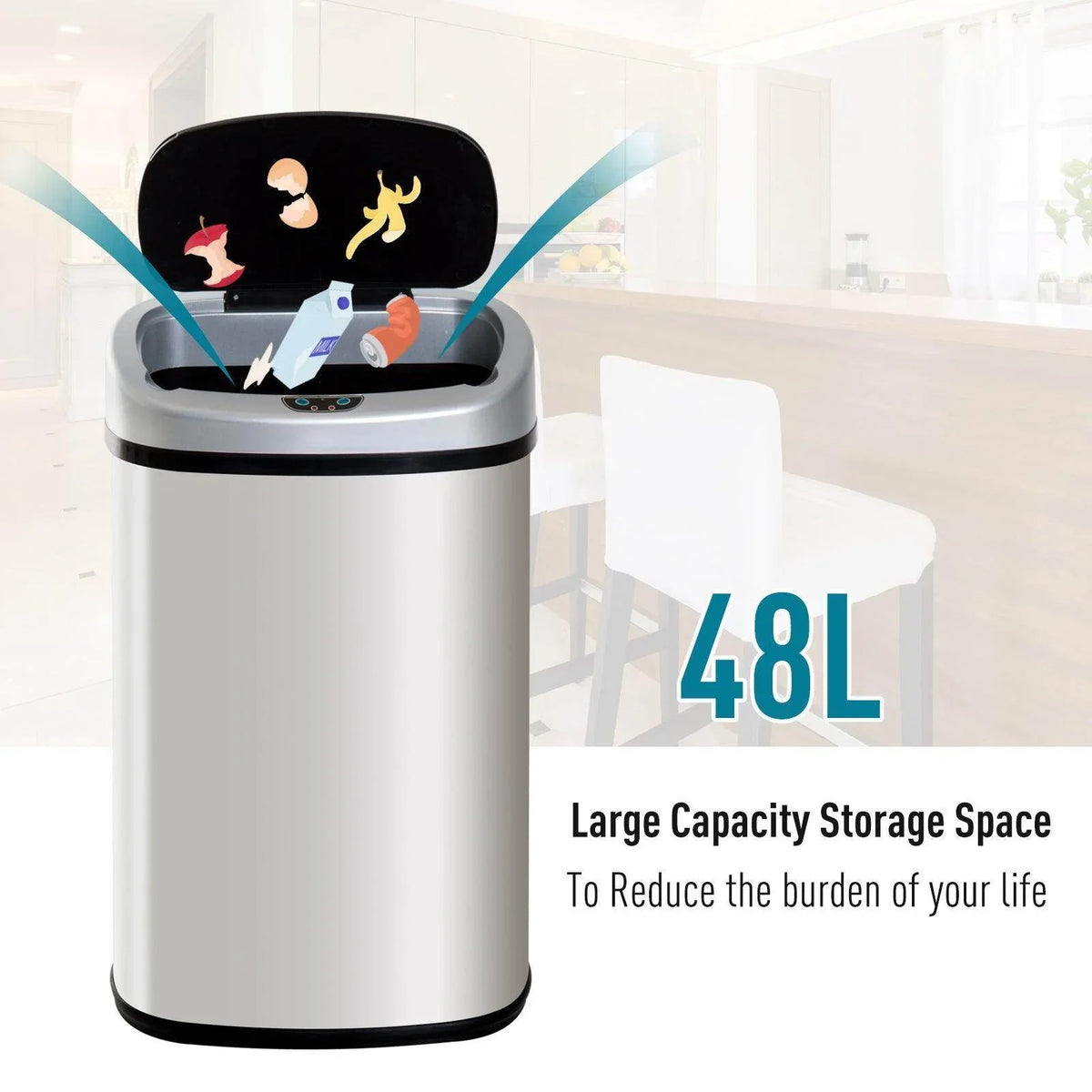 Stainless steel 48L waste bin with black lid open, showing touchless trash opening