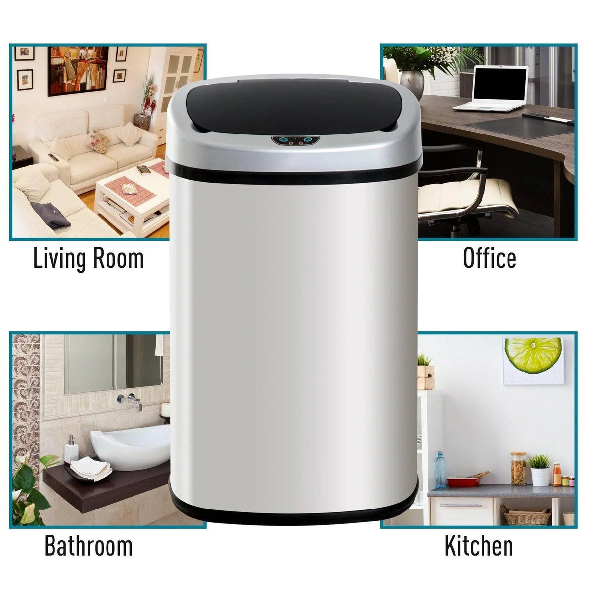 Stainless steel waste bin with black top lid, shown in a multi-scene product collage
