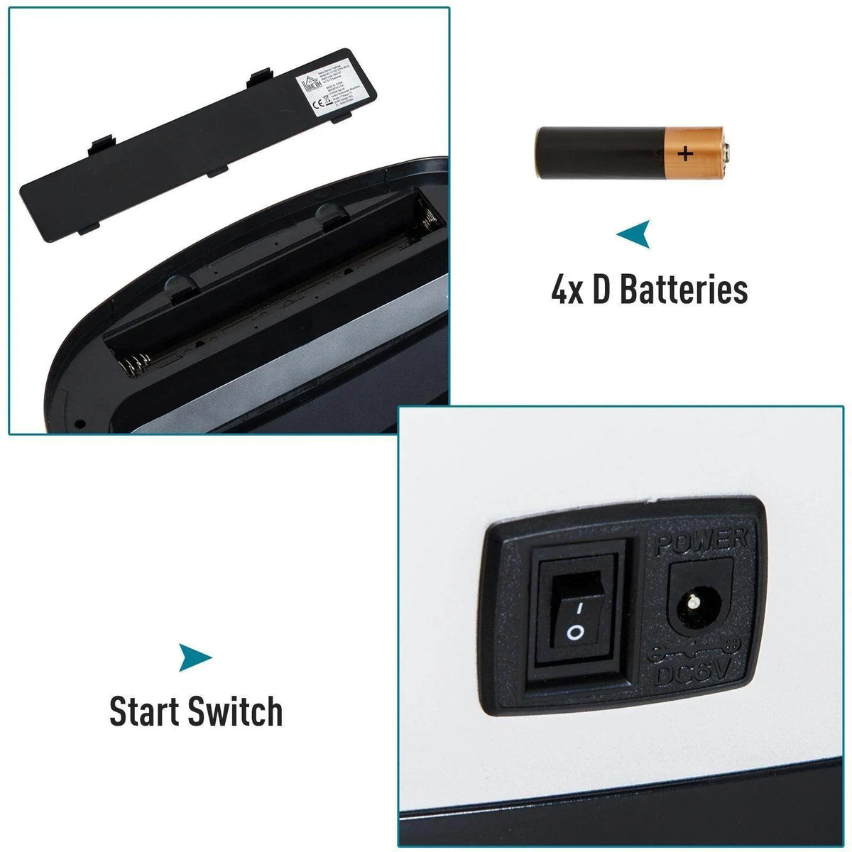 Waste bin battery area and start switch, showing 4x D batteries and power controls