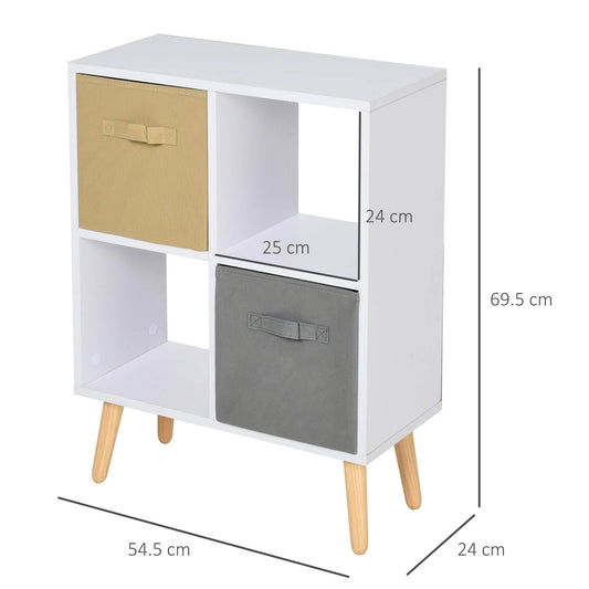 White cube storage cabinet with two folding cloth drawers and open side shelf.