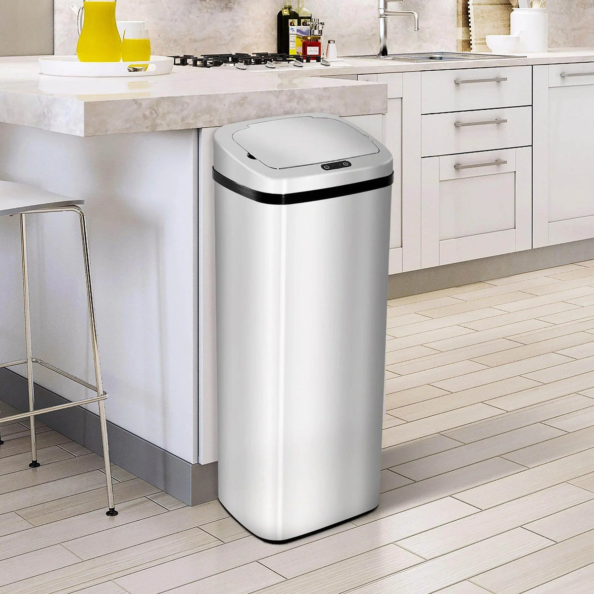 Motion sensor stainless steel trash can with closed lid, slim rectangular shape