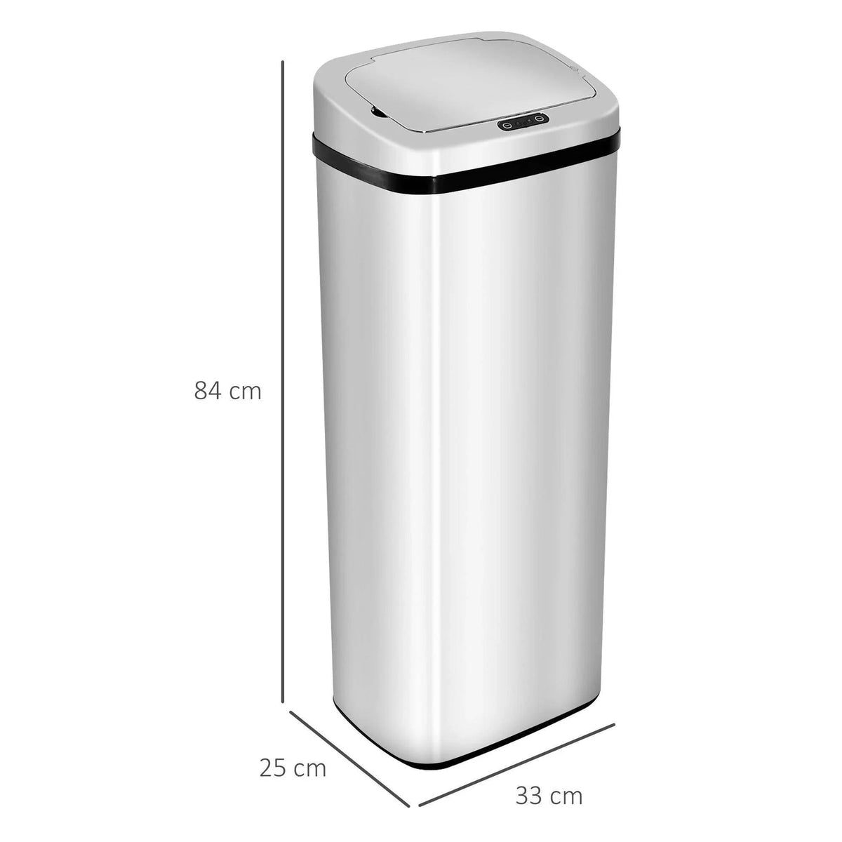 Motion sensor stainless steel trash can with lid, shown with height and base dimensions