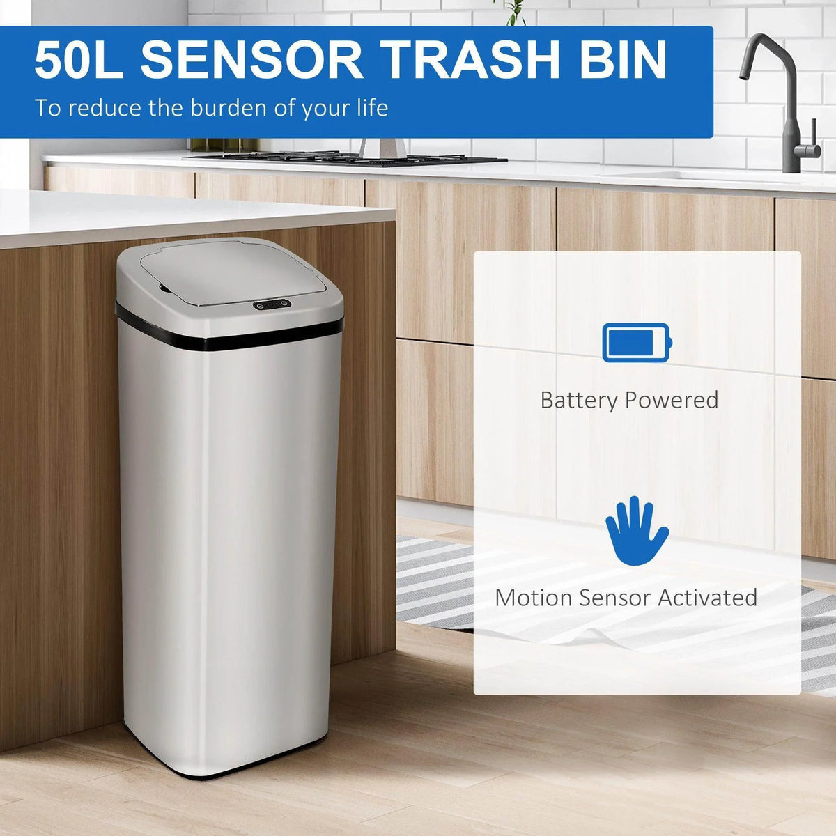 Motion sensor stainless steel trash can under a kitchen counter, hands-free design