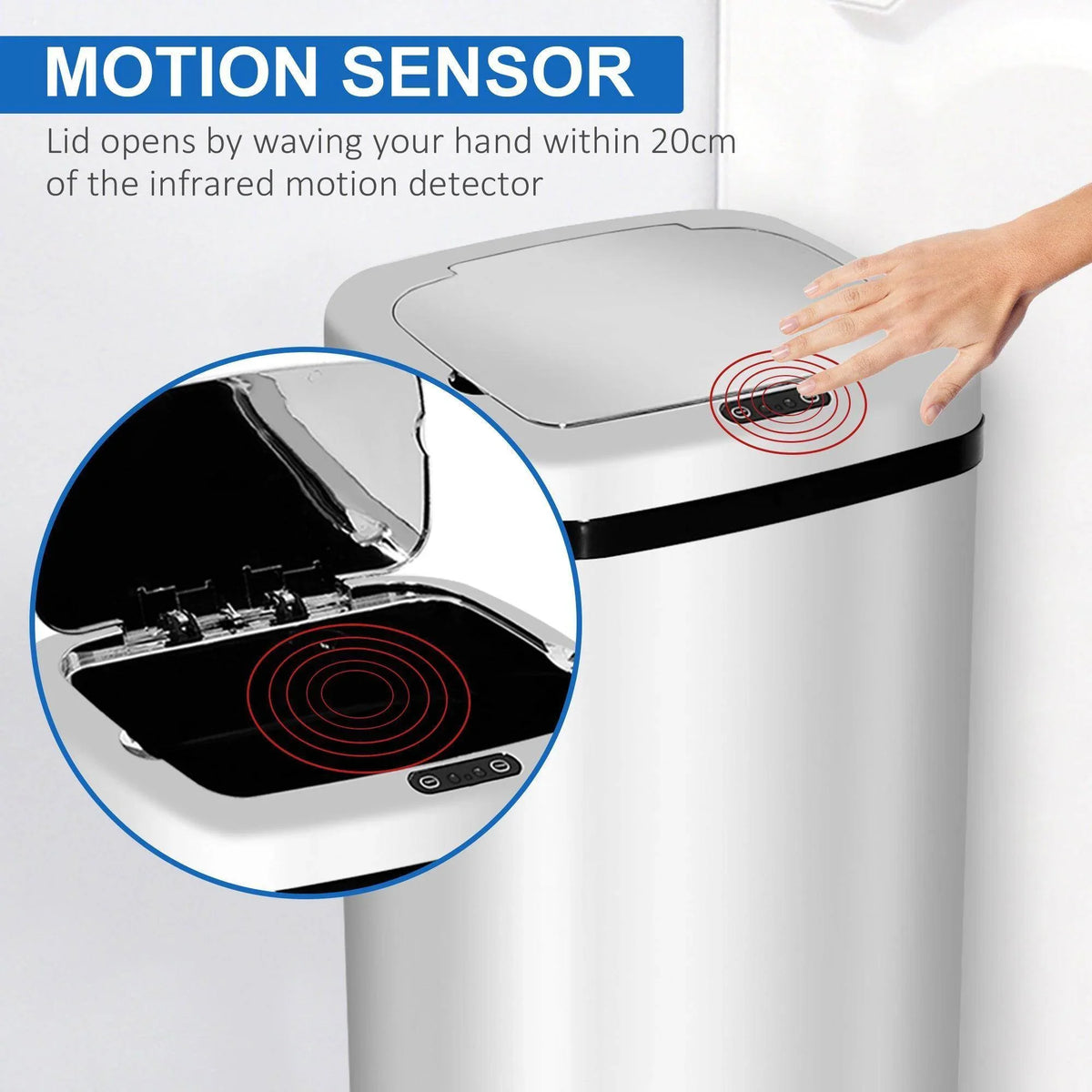 Motion sensor stainless steel trash can lid opens when hand approaches the sensor