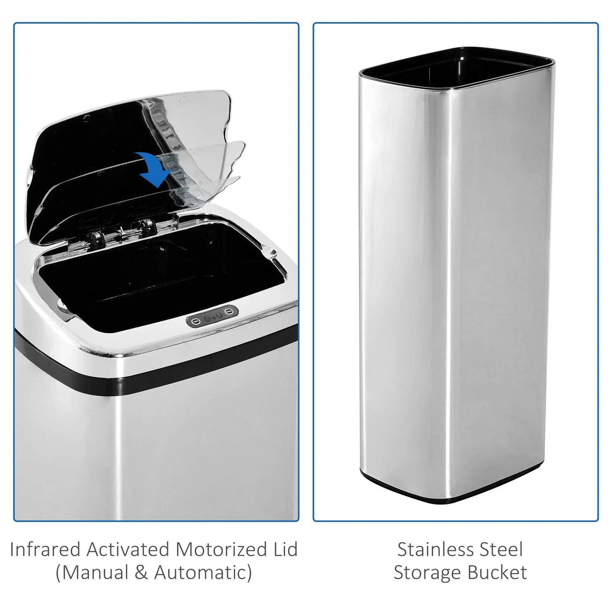 Motion sensor stainless steel trash can with open lid and removable storage bucket