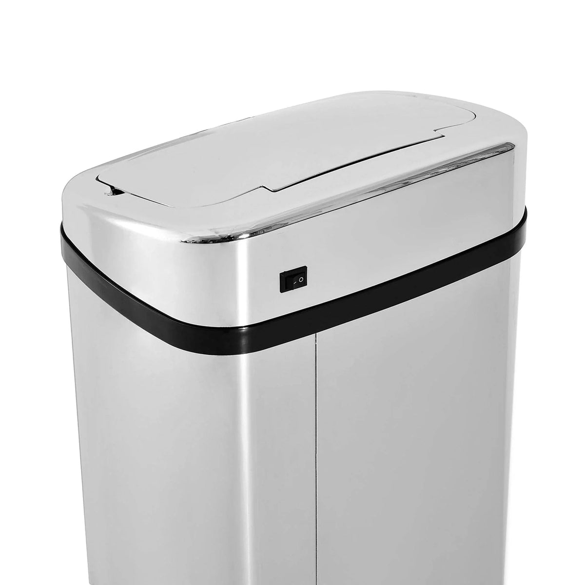 Motion sensor stainless steel trash can with front power switch area and closed lid