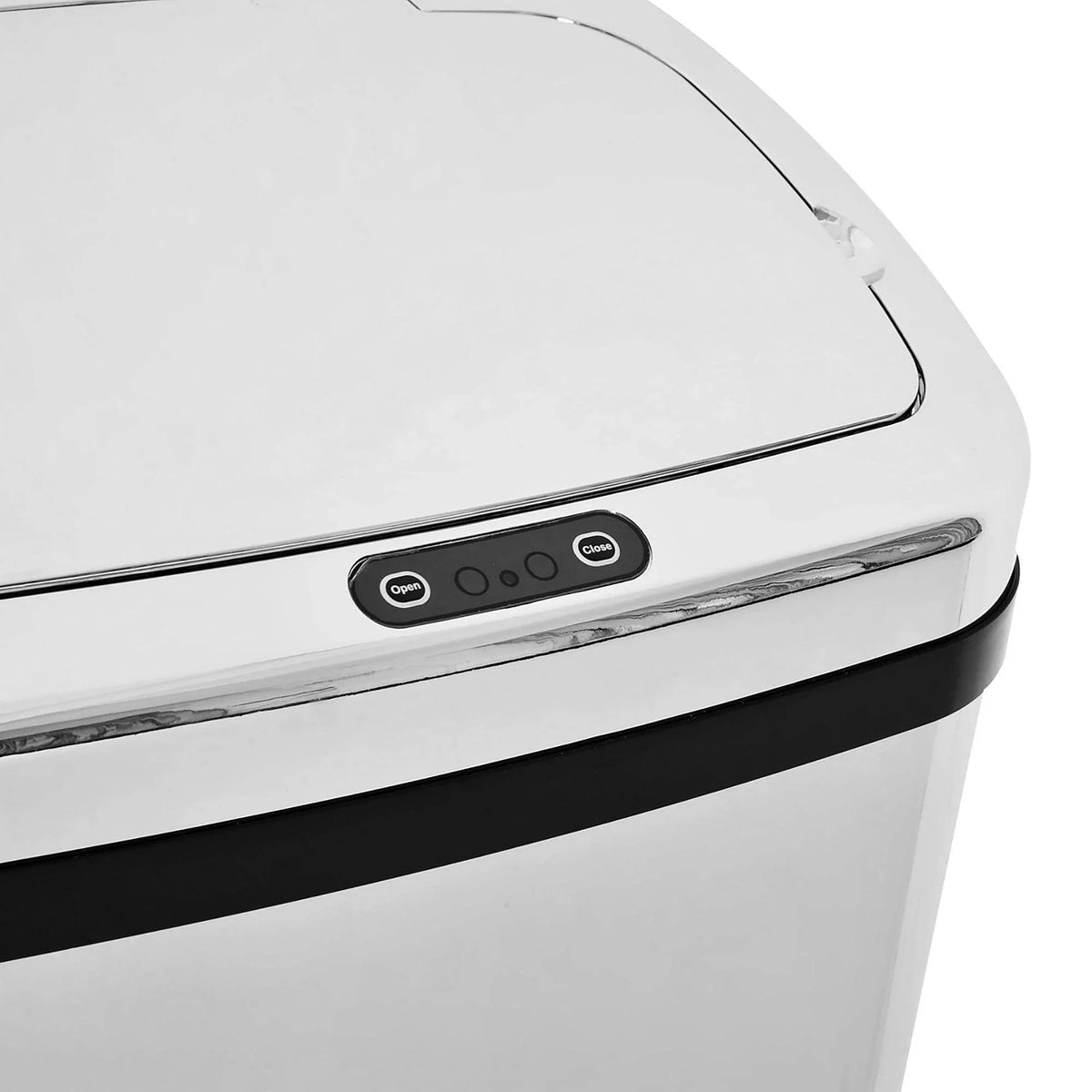 Motion sensor trash can front control panel with buttons on black trim strip