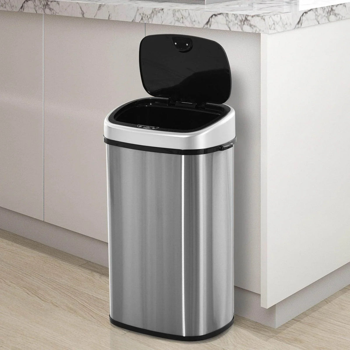 Stainless steel motion sensor trash can with black open lid and rounded bin body
