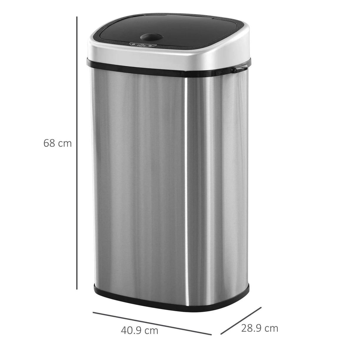 Stainless steel motion sensor trash can with black top lid and compact rounded shape