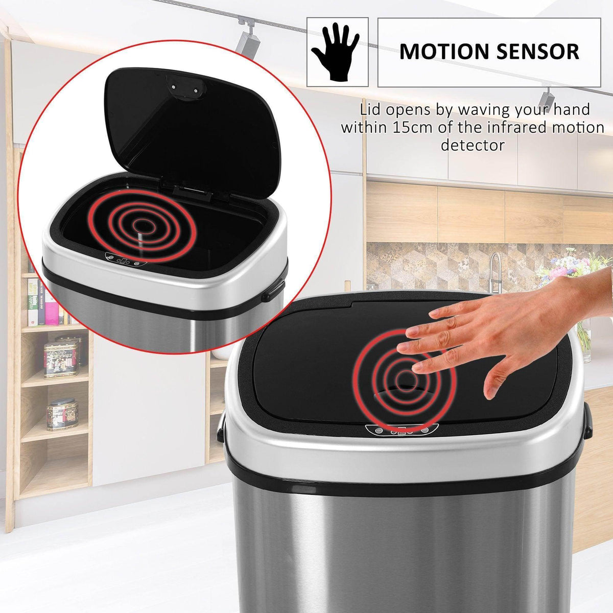Stainless steel motion sensor trash can with open black lid and hand-activated sensor
