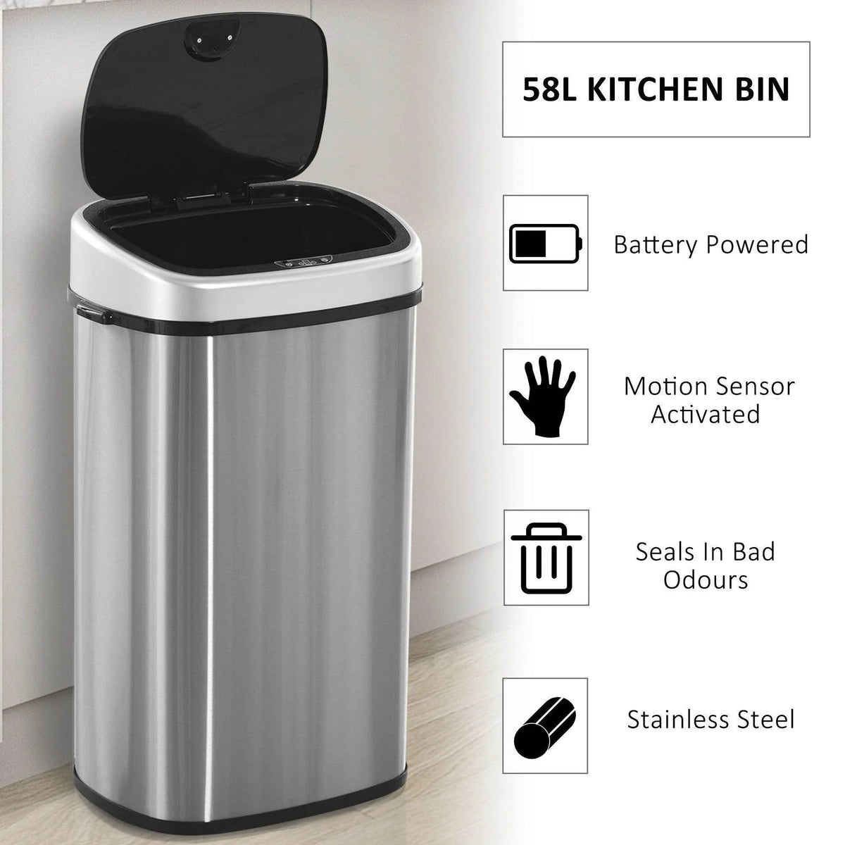 Stainless steel kitchen trash can with open black lid and front control indicators