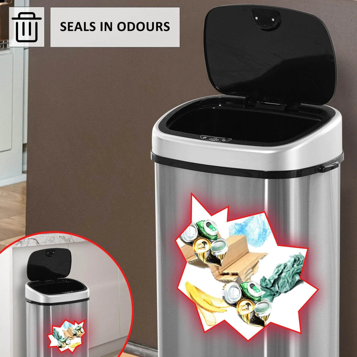 Stainless steel trash can with open black lid and odor-sealing feature