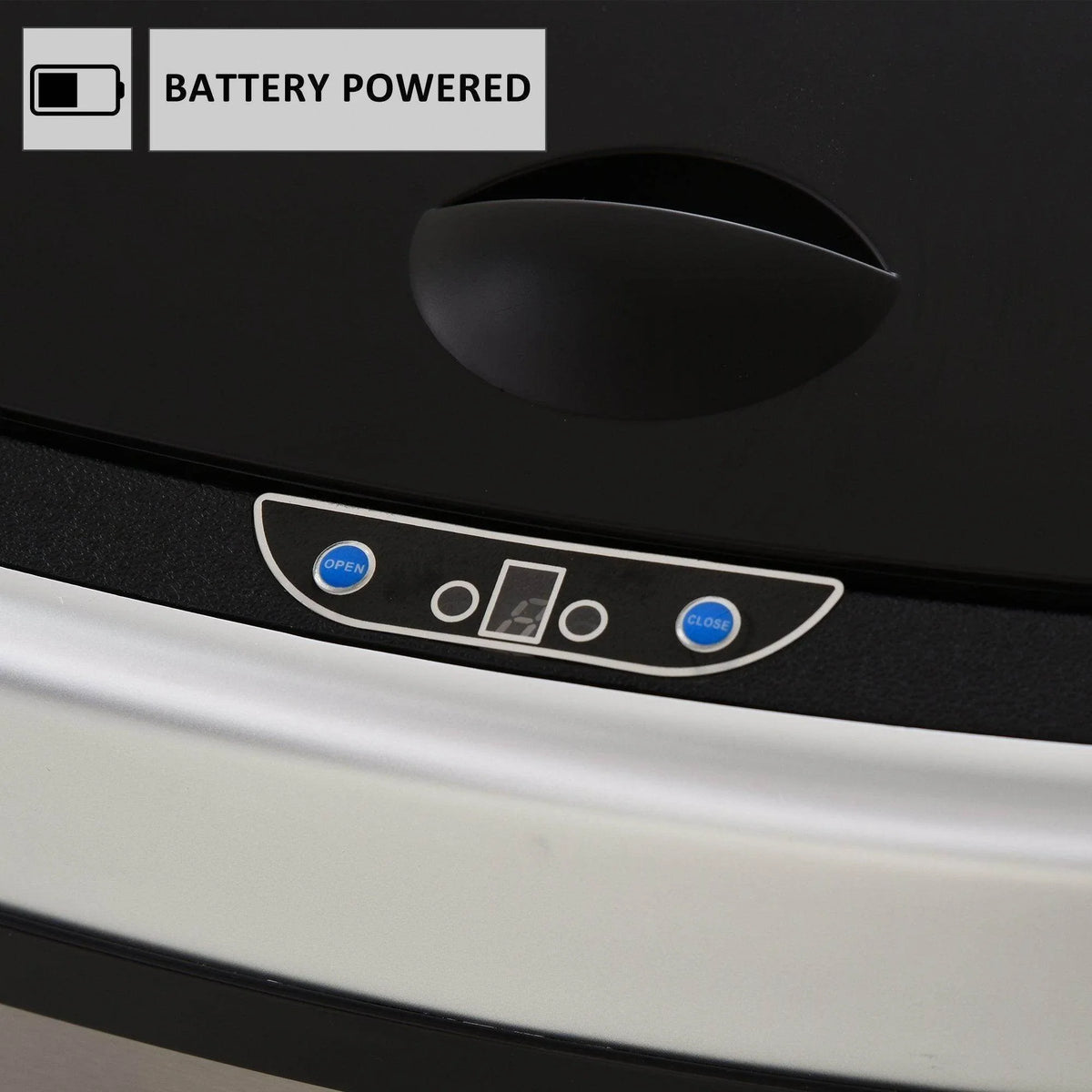 Stainless steel sensor bin with black control panel and battery-powered indicator