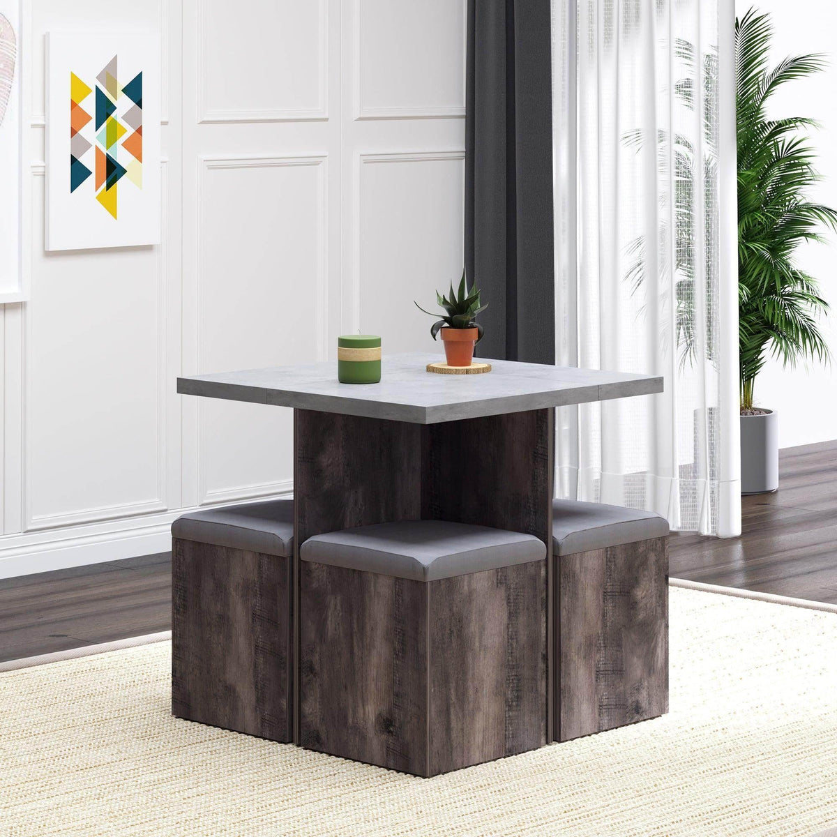 5-piece wooden dining set with dark wood table and four gray upholstered storage stools