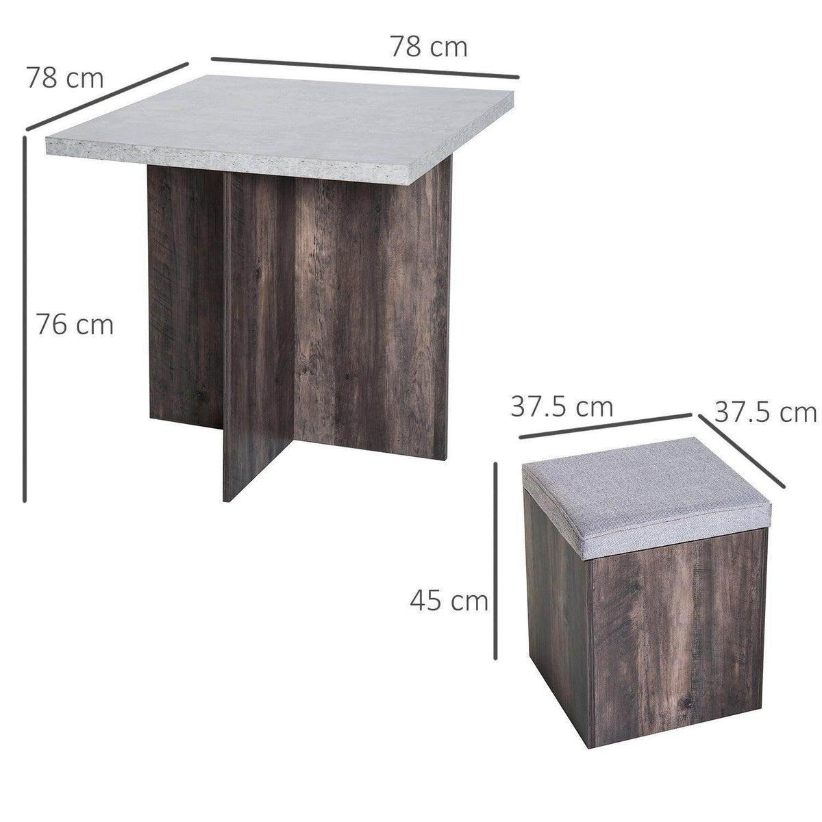 Wooden dining table with gray top and four matching stools, size diagram and measurements