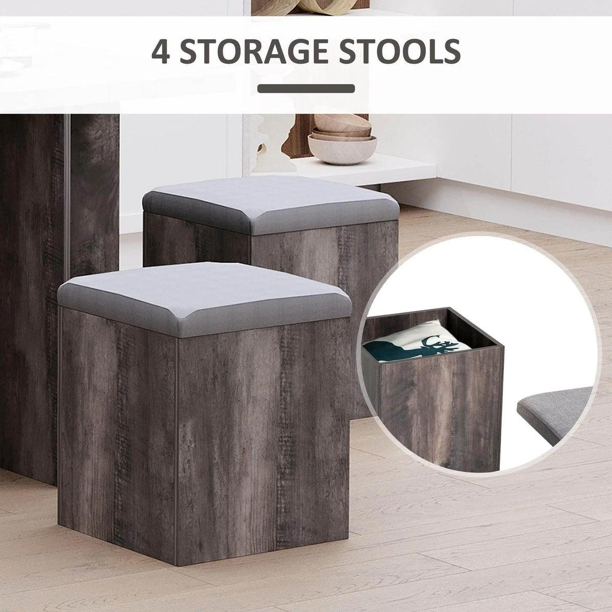 Four gray upholstered storage stools in dark wood with one stool showing open storage
