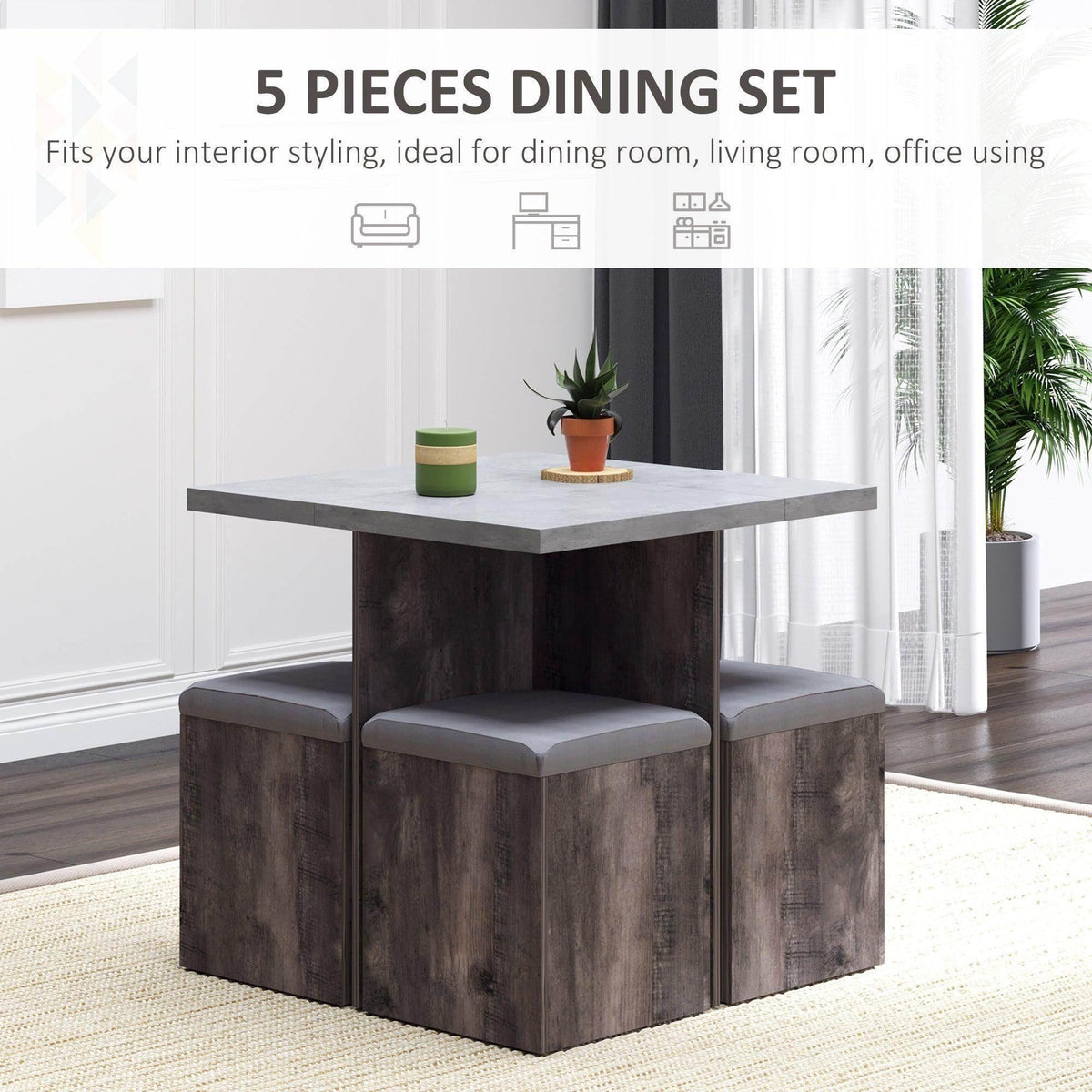 Wood dining table with four matching storage stools, dark finish and gray upholstered seats