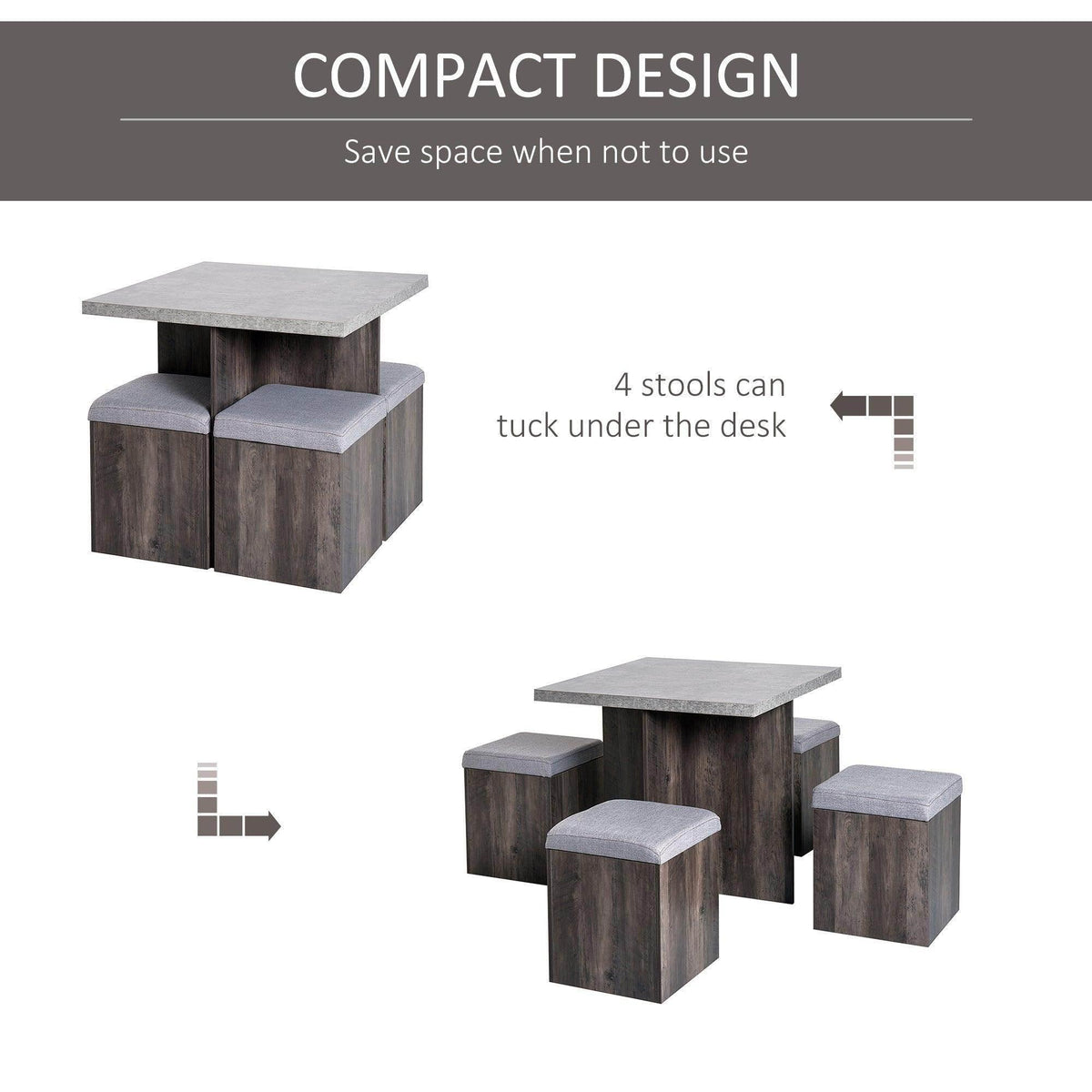 Compact dining set illustration: dark wood table with stools that tuck underneath