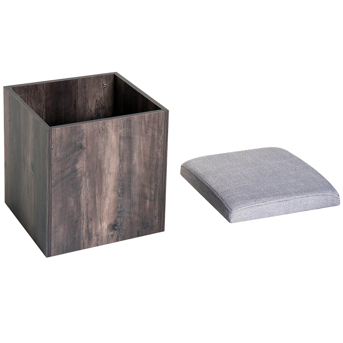 Dark wood storage stool with open inner compartment and gray upholstered seat cushion
