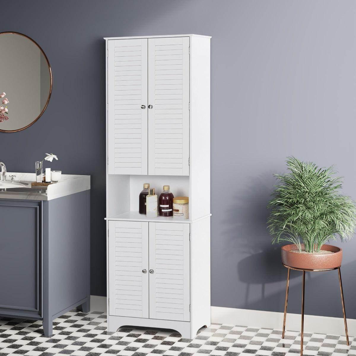 White bathroom storage cabinet with louver doors and open shelves, 6-tier
