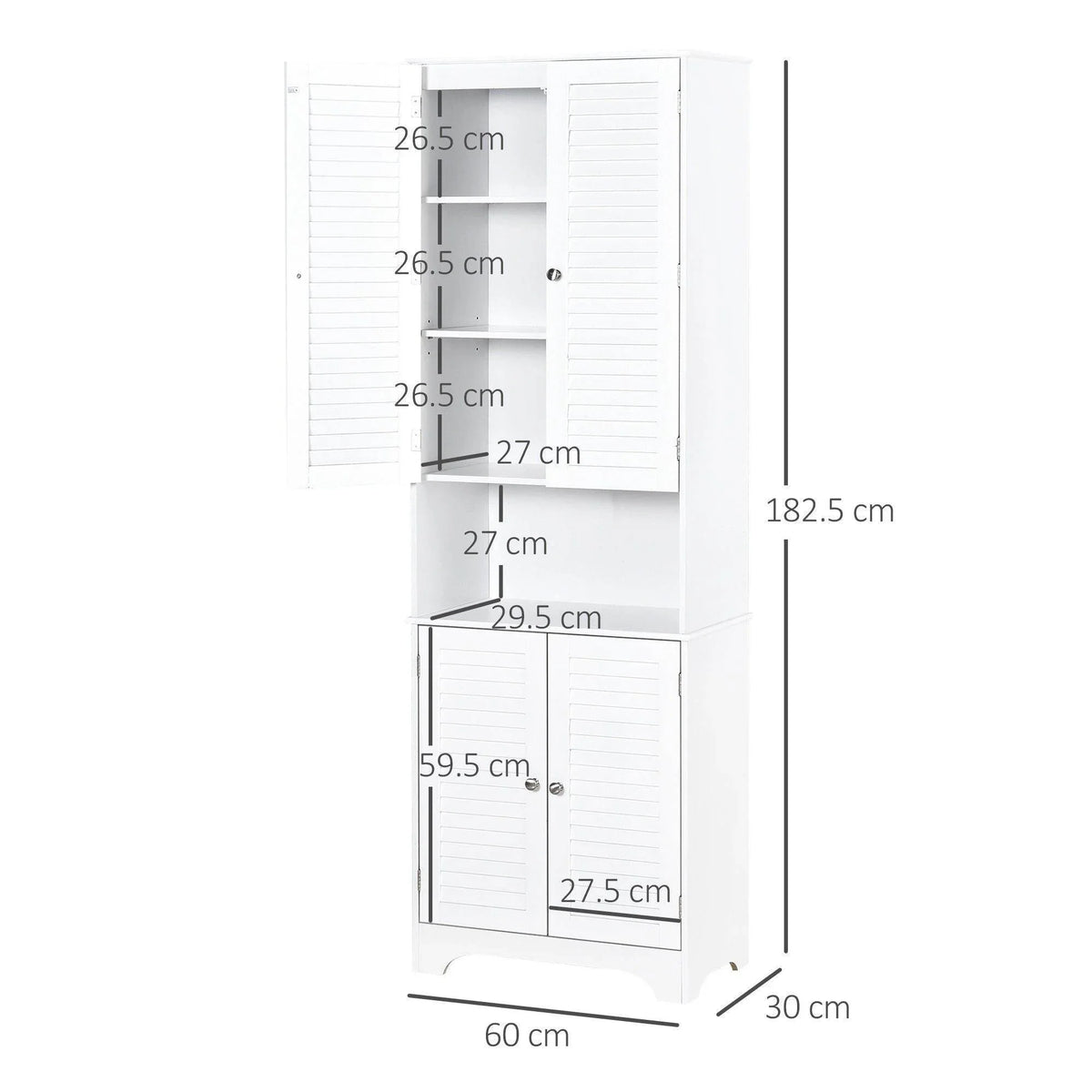 White 6-tier bathroom storage cabinet with shelves and louver doors, side view