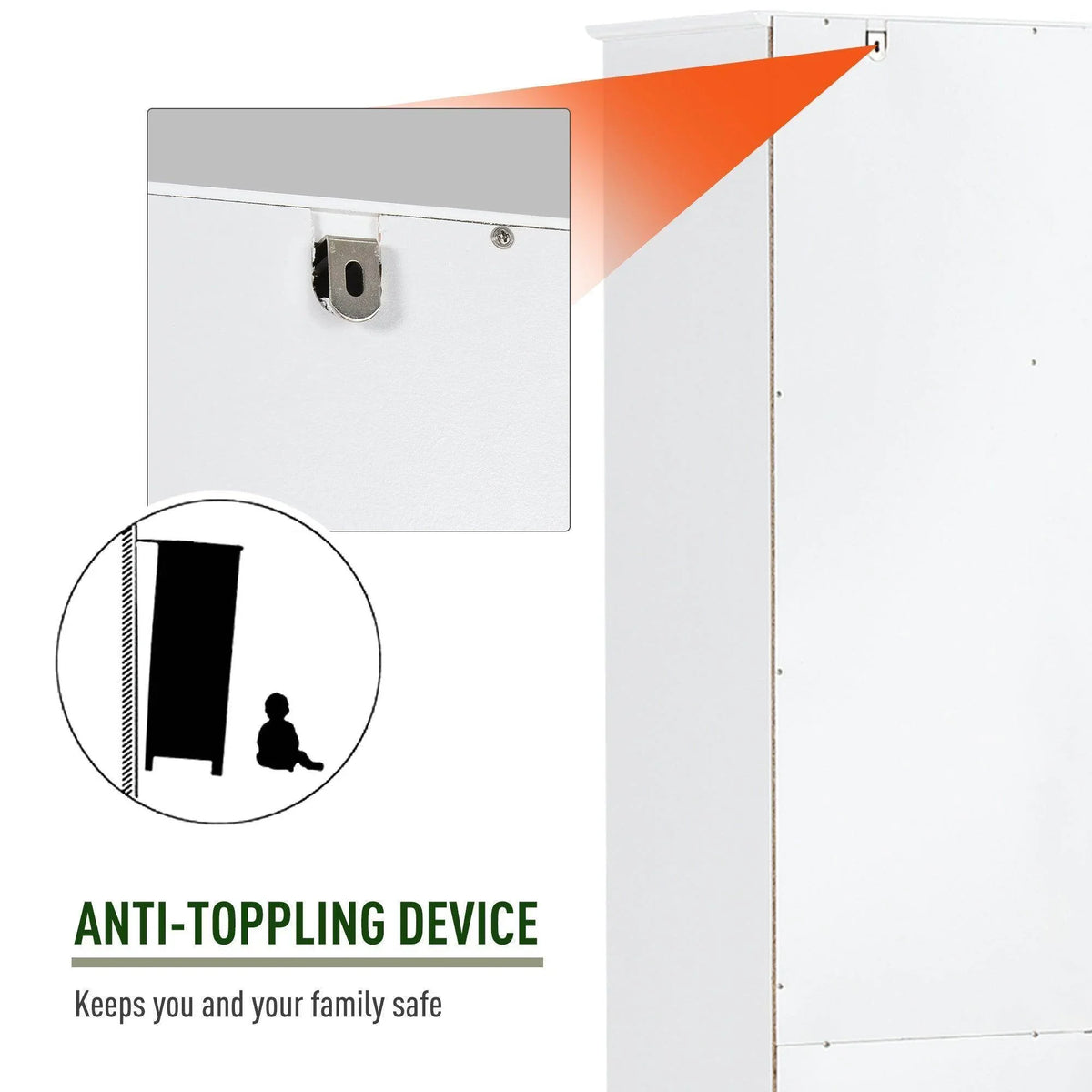 White bathroom cabinet with anti-toppling strap and louver-style door