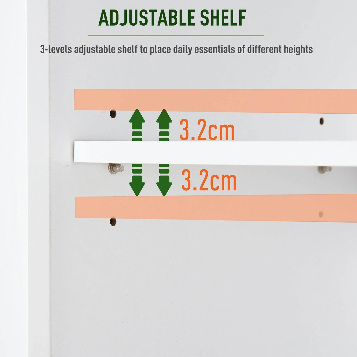 White cabinet with adjustable shelves, three-level spacing for different heights