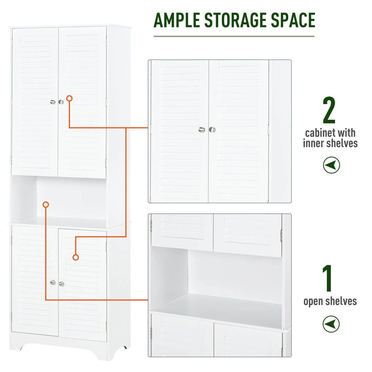 White 6-tier bathroom storage cabinet layout with inner shelves and open compartments