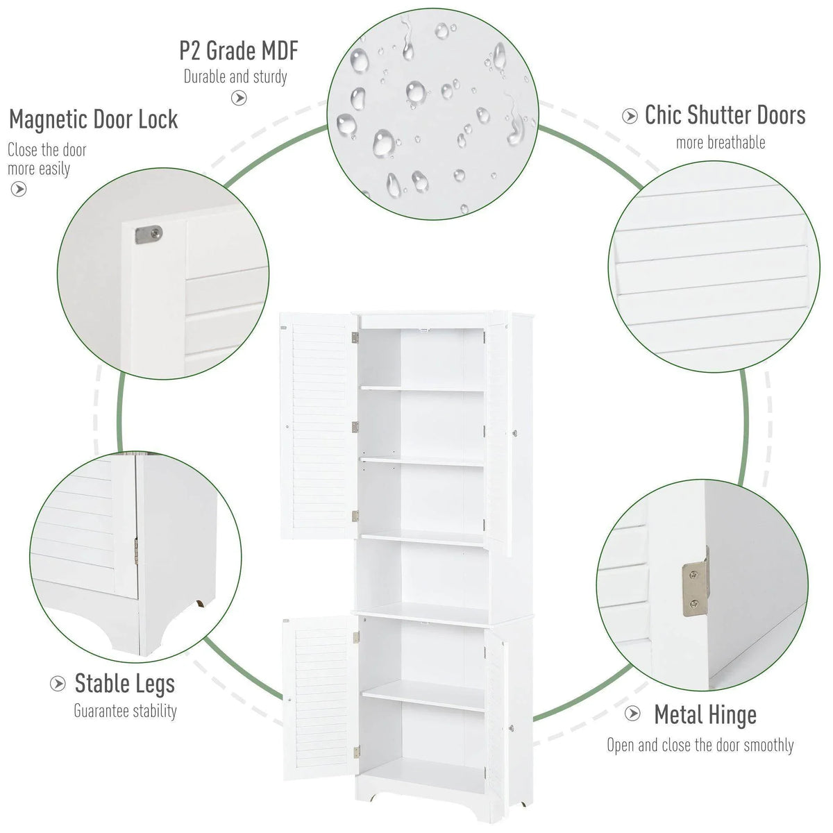 White bathroom storage cabinet with metal hinges, magnetic lock, and stable legs
