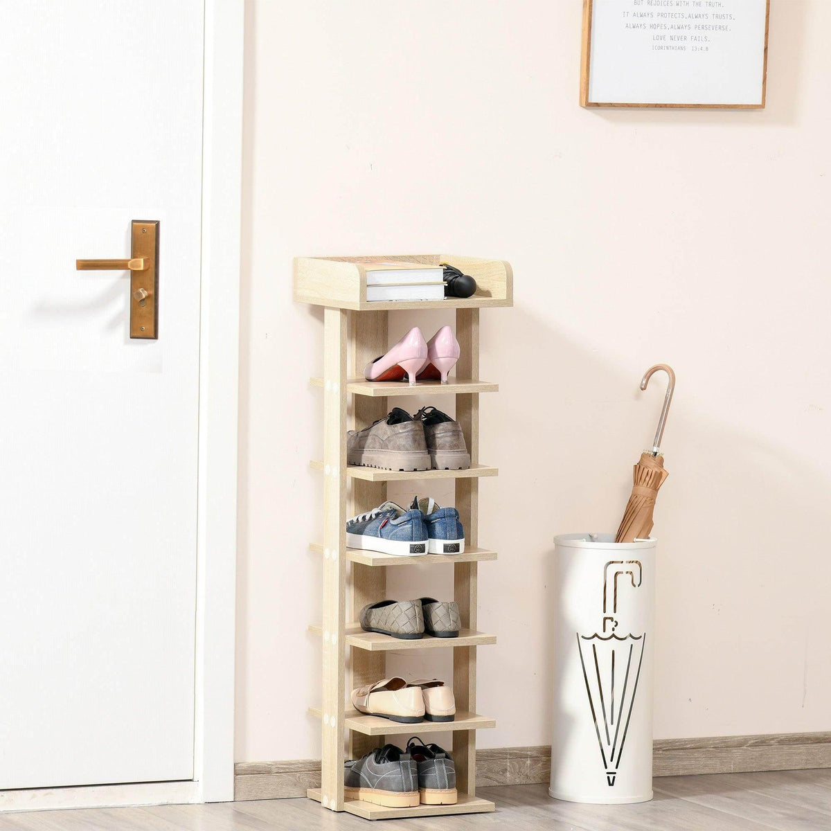 7-tier wooden shoe rack cabinet with open shelves, light wood finish