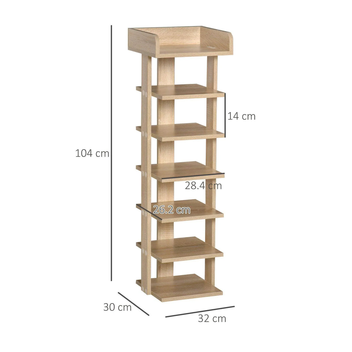 Wooden 7-tier shoe rack cabinet with size measurements, light wood color