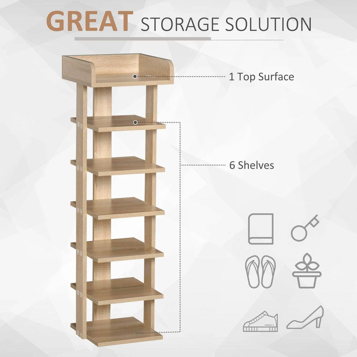 7-tier shoe rack cabinet with six shelves and top surface, light wood