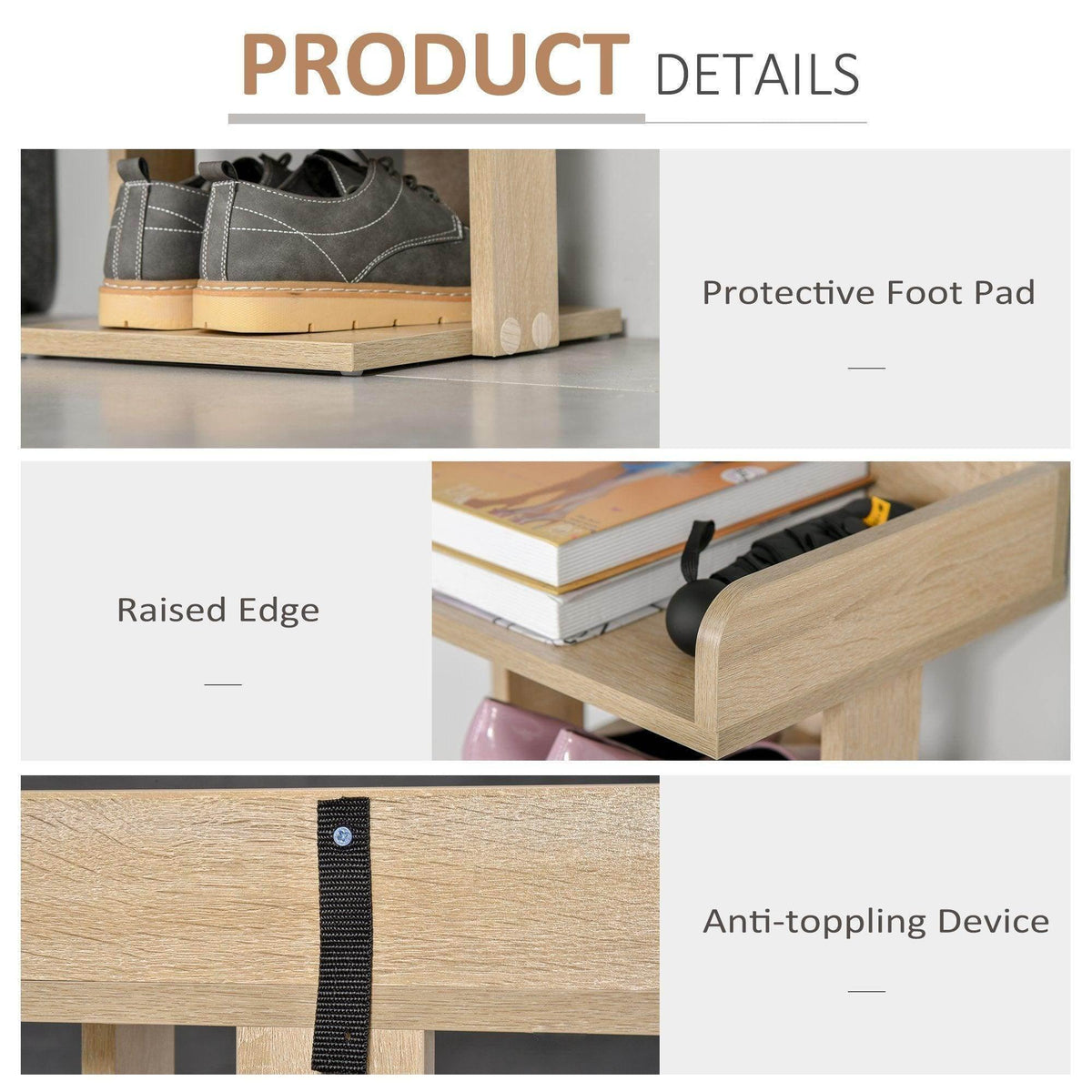 Wood shoe rack cabinet details: raised edge and anti-toppling device