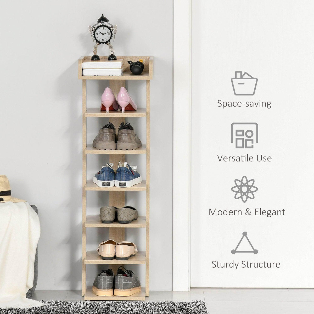Space-saving 7-tier wooden shoe rack cabinet with open cubbies for shoes