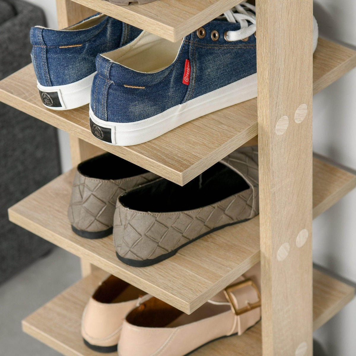 Shoes stored on wooden 7-tier rack shelves with light wood frame