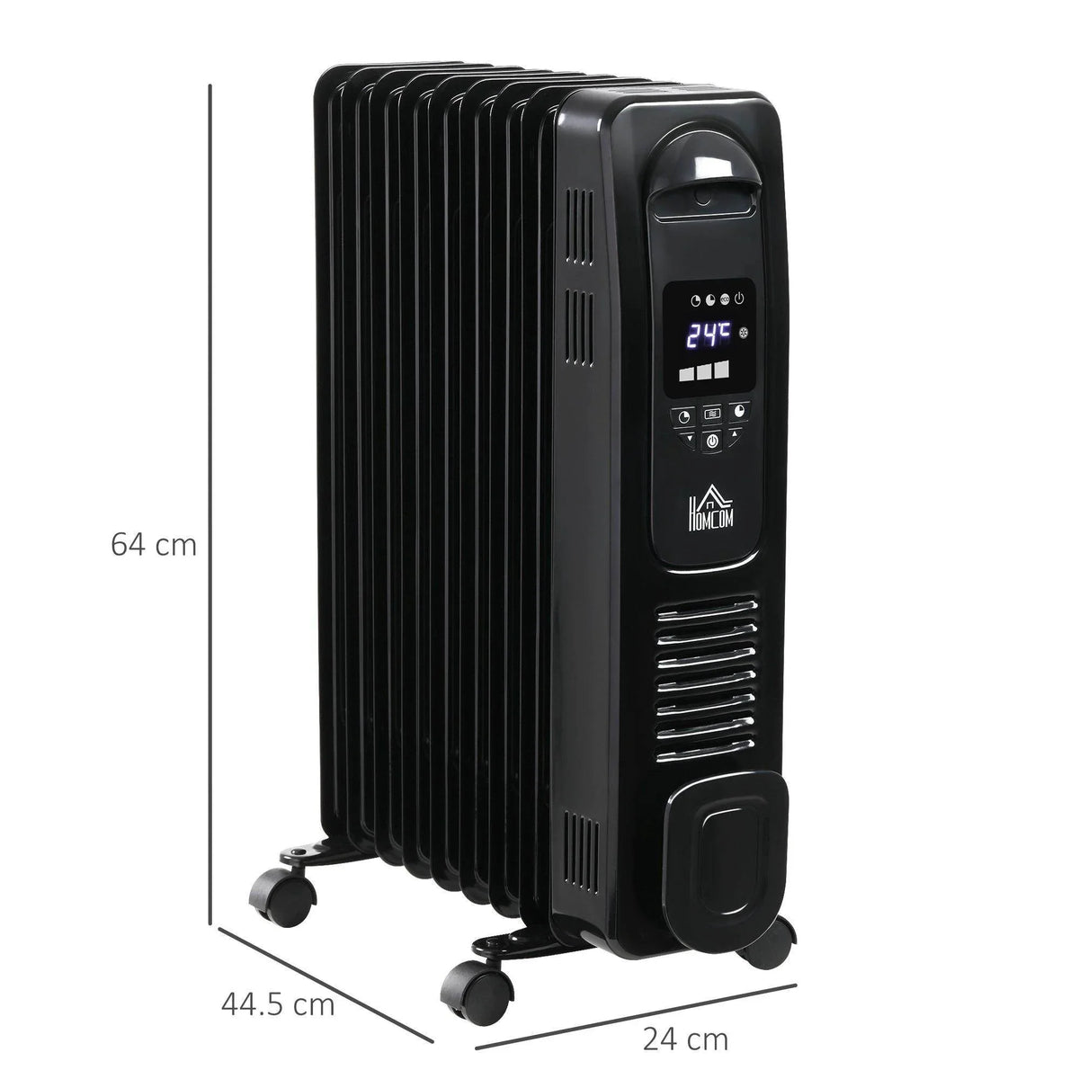 Black 9-fin oil filled heater, front view with control panel and four caster wheels