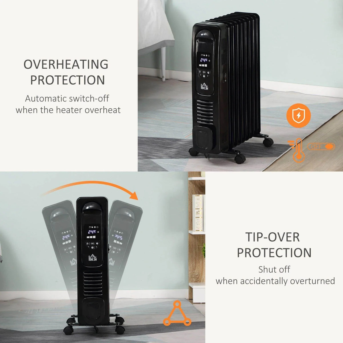 Black 9-fin oil filled heater standing on wheels, shown with safety features