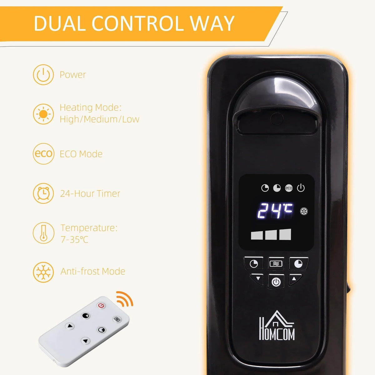 Black heater control panel with large knob, LED display, and included remote