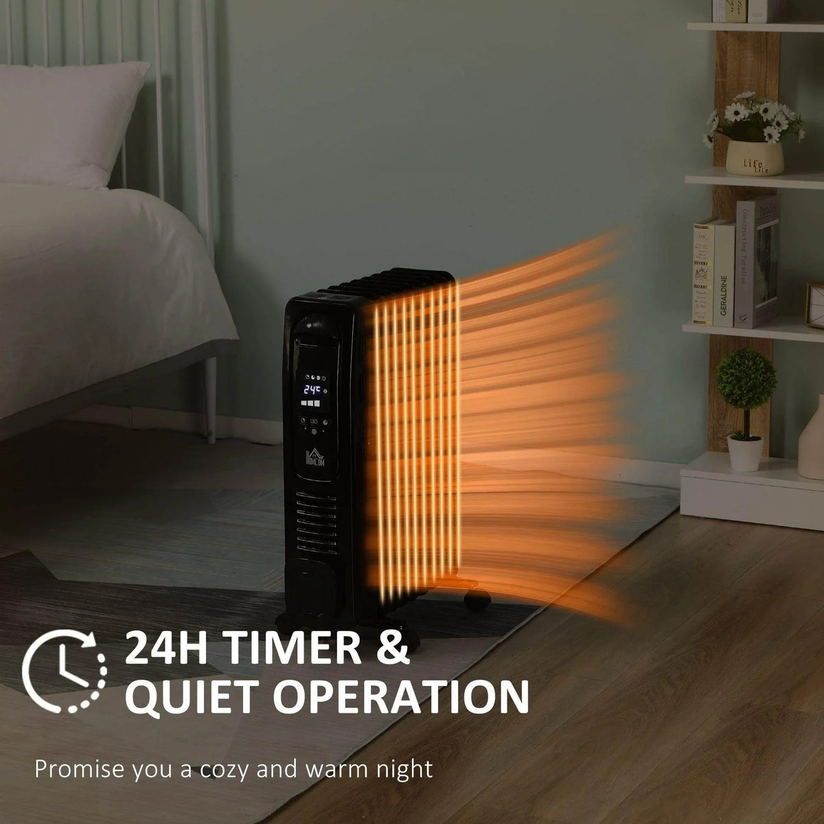 Black 9-fin oil filled heater with glowing heat vents, on caster wheels