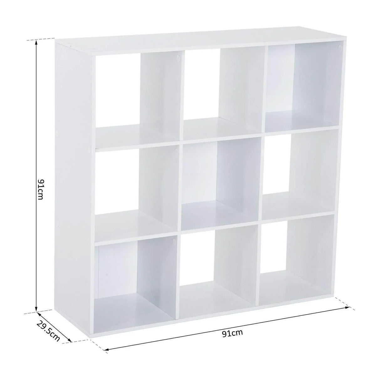 White 9-cube storage cabinet, front view with nine square open compartments