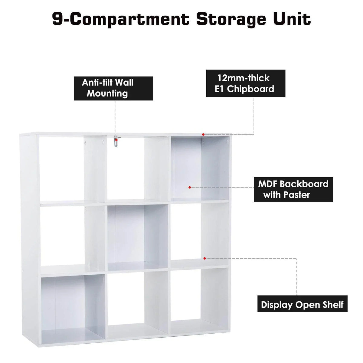 White 9-compartment storage unit with open cubbies and MDF back panel