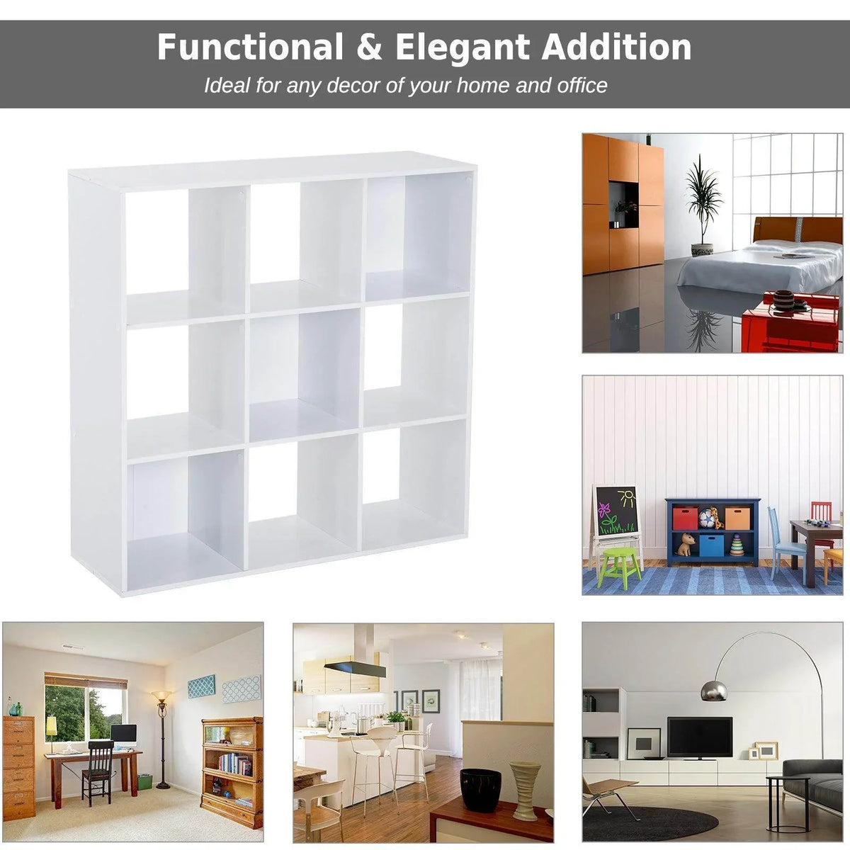 White cube storage cabinet with nine open cubbies for home or office organization
