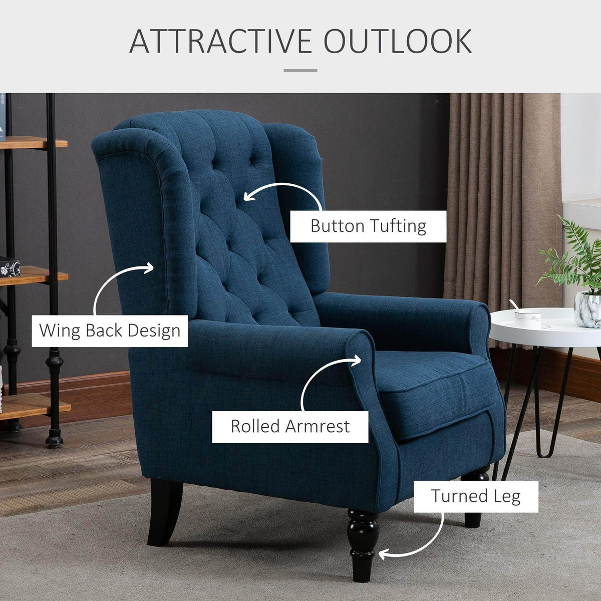 Blue tufted wing-back accent armchair with rolled arms and turned legs