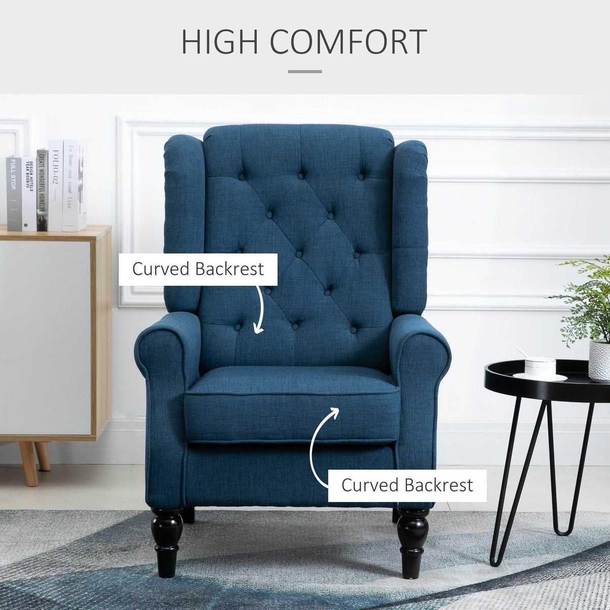 Blue club accent armchair with curved backrest, tufted upholstery, rolled arms
